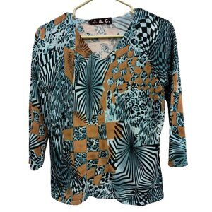 Vintage J.A.C. Womens Wearable Art Sweater Medium Blue Abstract Pullover‎ V Neck